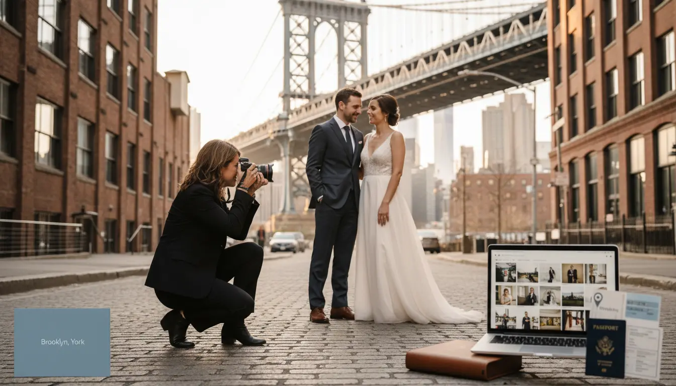 Destination wedding photography Brooklyn photographer shooting couple in DUMBO under Manhattan Bridge with open album and travel kit visible