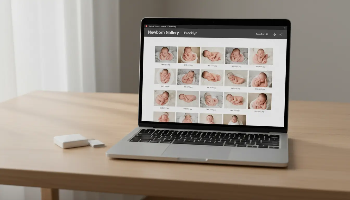 Newborn photography Brooklyn online gallery on laptop showing delivered image thumbnails