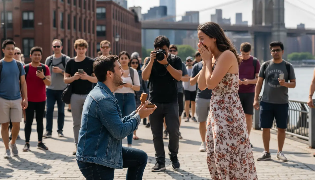 proposal photography Brooklyn photographer capturing kneeling proposal moment at Brooklyn Bridge Park