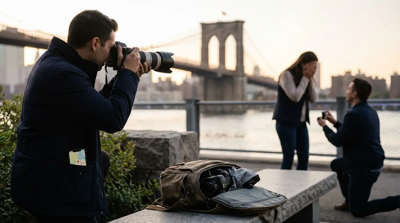 Marriage proposal photography Brooklyn — photographer discreetly holding camera behind foliage capturing a kneeling proposal at DUMBO waterfront