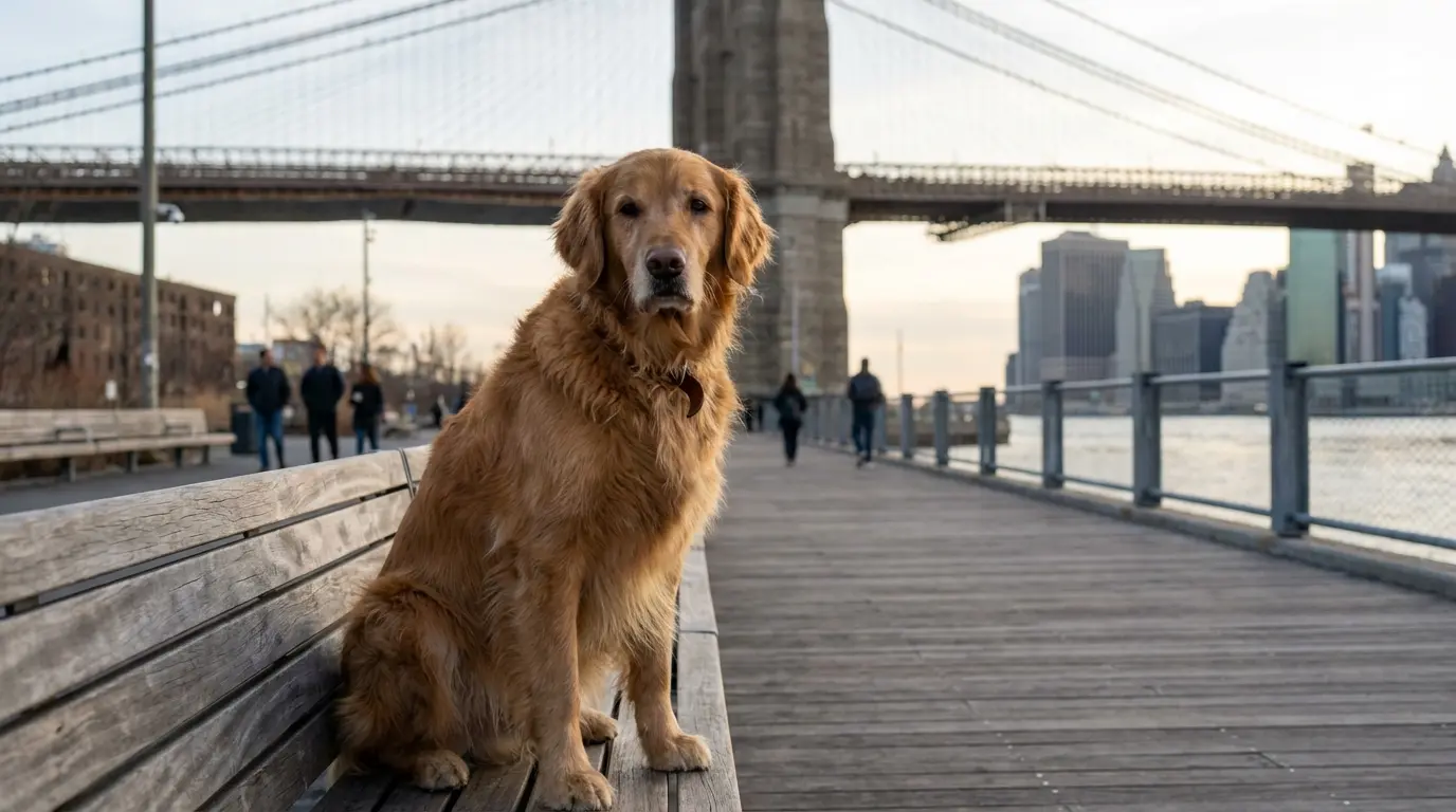 pet photography Brooklyn dog portrait on promenade with Brooklyn Bridge in background