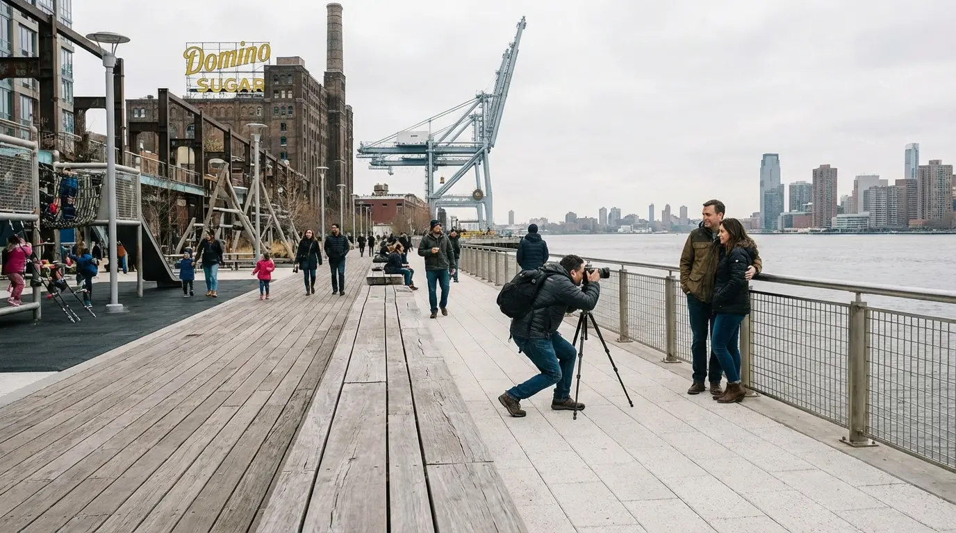 proposal photography Brooklyn Domino Park photographer capturing couple near waterfront