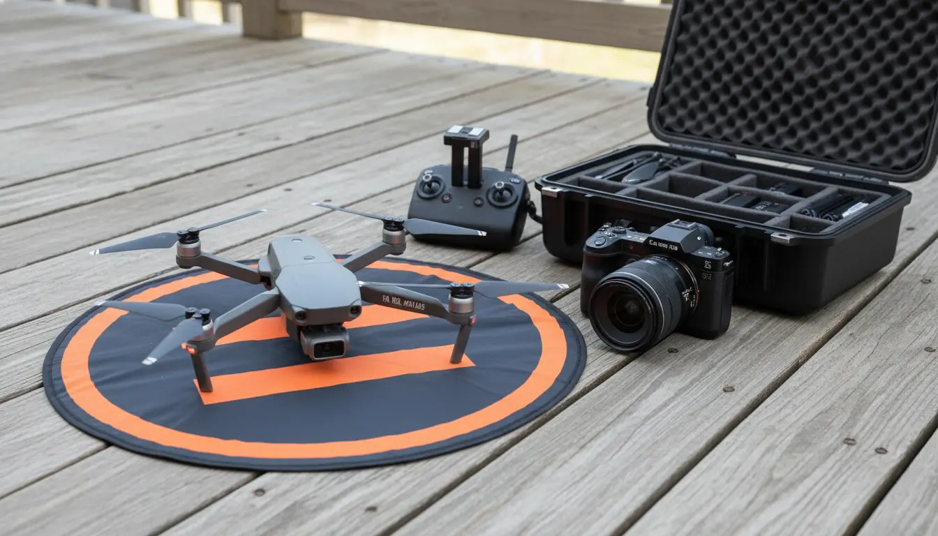 aerial wedding photography Brooklyn drone and camera equipment on landing pad with FAA registration visible