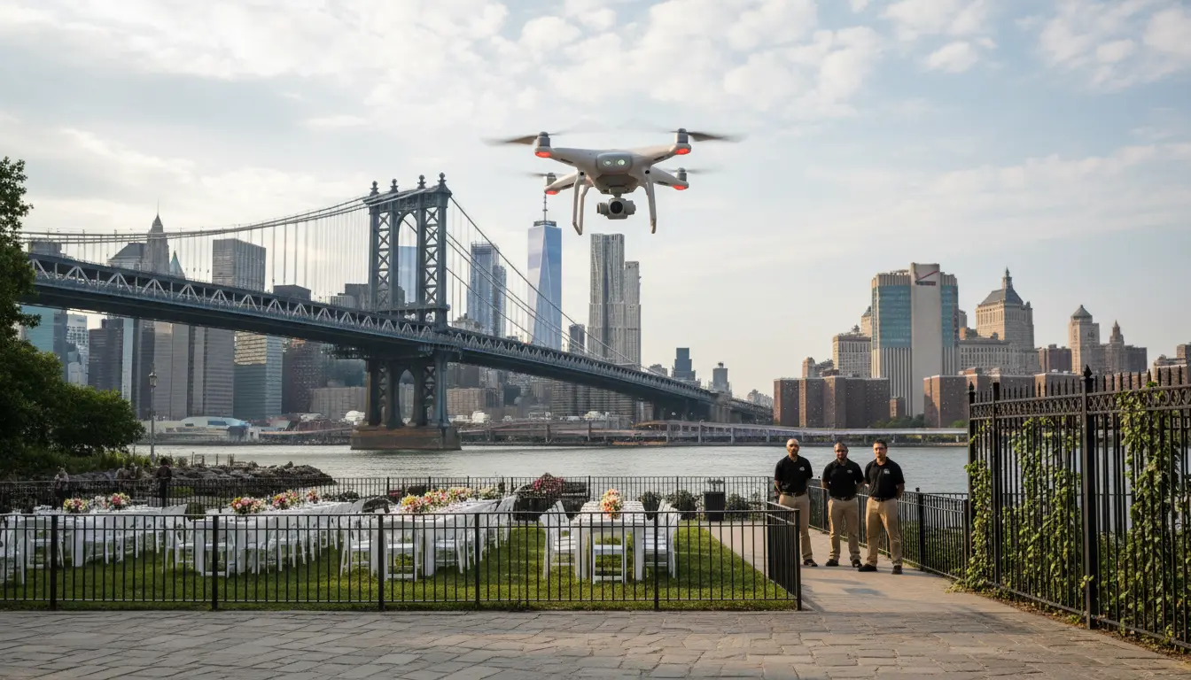 aerial wedding photography Brooklyn drone in flight over Brooklyn Bridge Park venue exterior