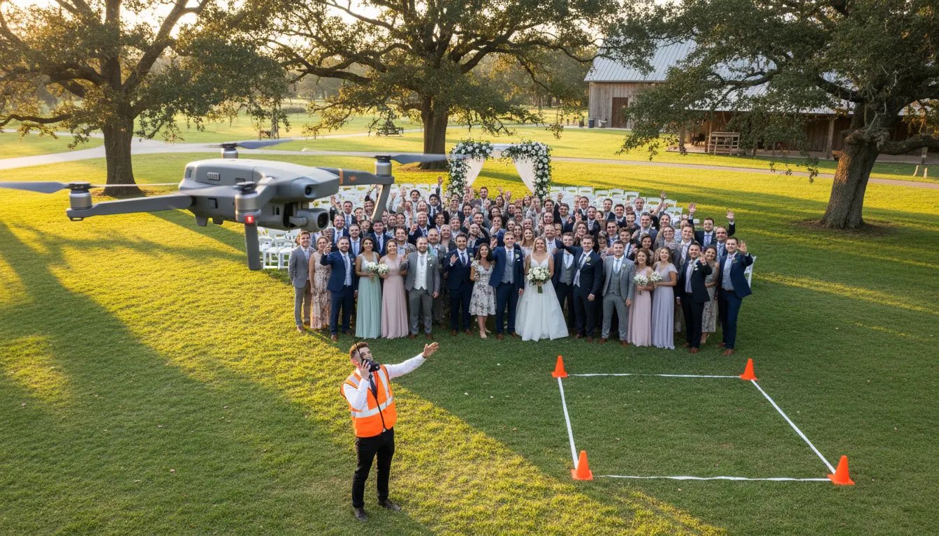 aerial wedding photography Brooklyn drone capturing overhead group shot with spotter and safety cones