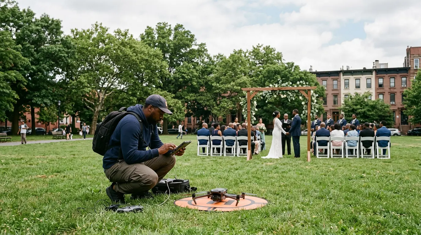 Drone operator pre-flight setup for aerial wedding photography at Herbert Von King Park Bedford-Stuyvesant Brooklyn