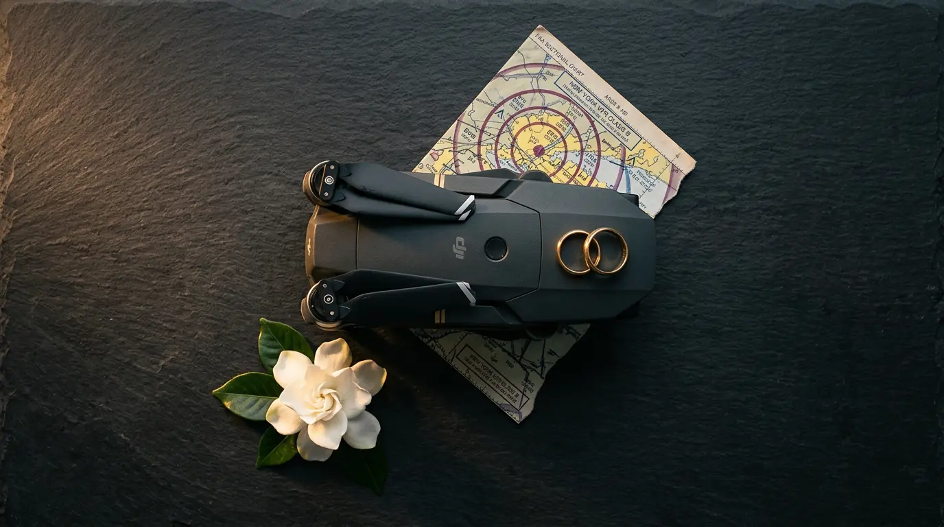 Drone and wedding rings flat-lay with aeronautical chart and gardenia for aerial wedding photography in Brooklyn NY