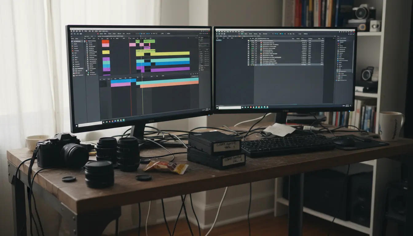 Video editing workstation in Brooklyn showing editing timeline and external drives