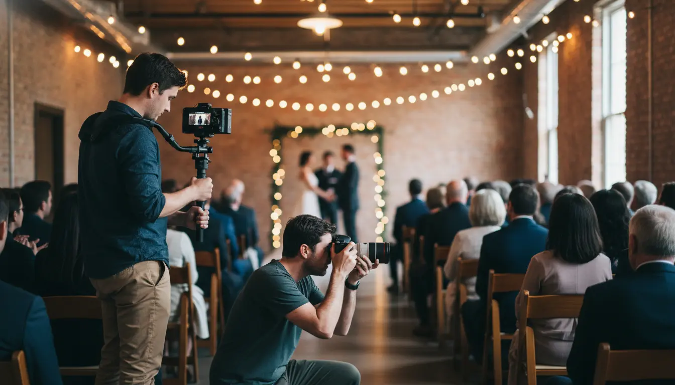 wedding photography and videography in Brooklyn showing photographer and videographer covering a ceremony together