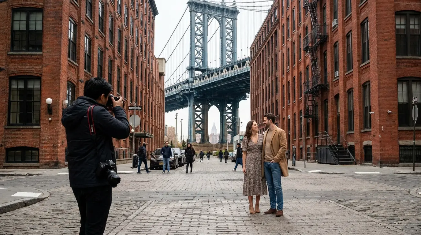 Pre-wedding photo shoot in DUMBO Brooklyn showing photographer and couple on cobblestones with Manhattan Bridge in background
