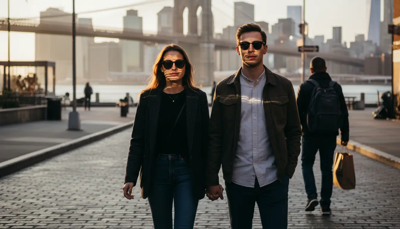 Wedding Photography in DUMBO: photographer moving equipment up steep York Street incline near York St subway exit.