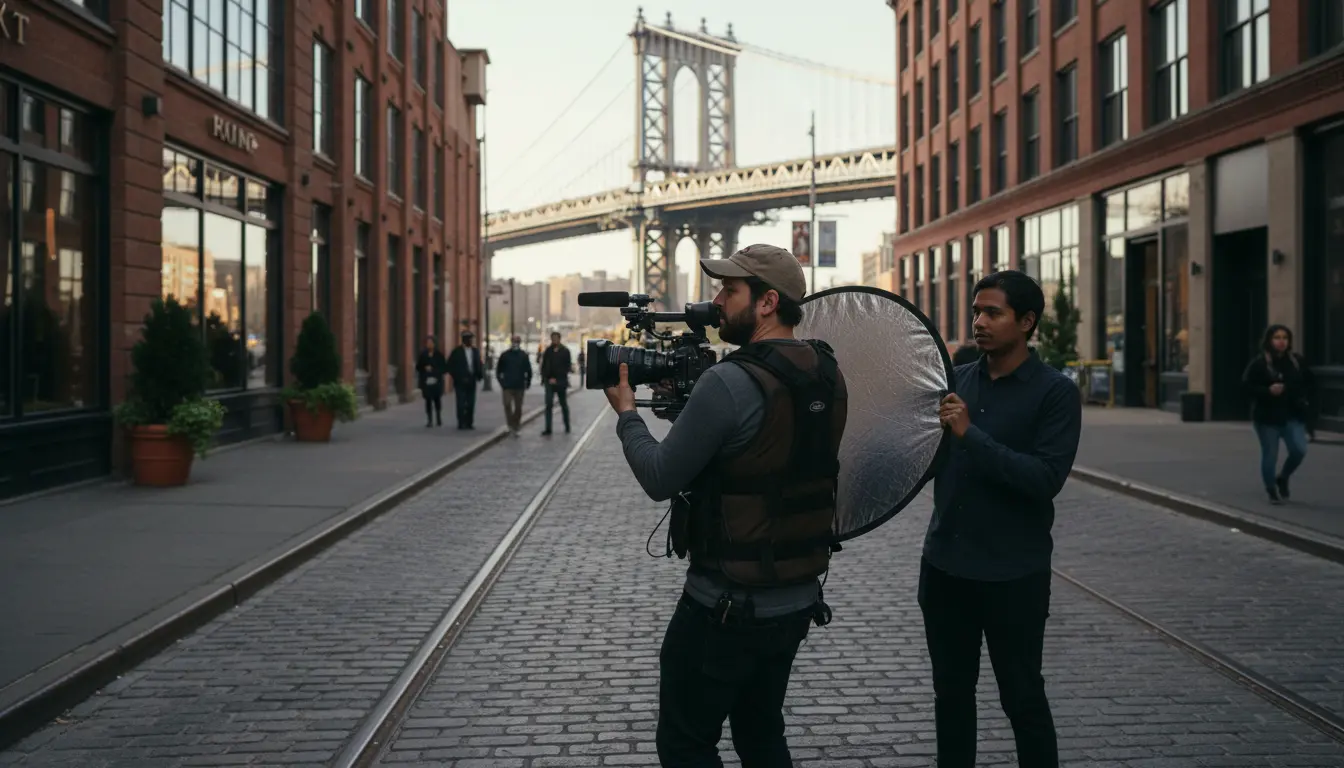 wedding videography crew filming in DUMBO Brooklyn with Manhattan Bridge visible