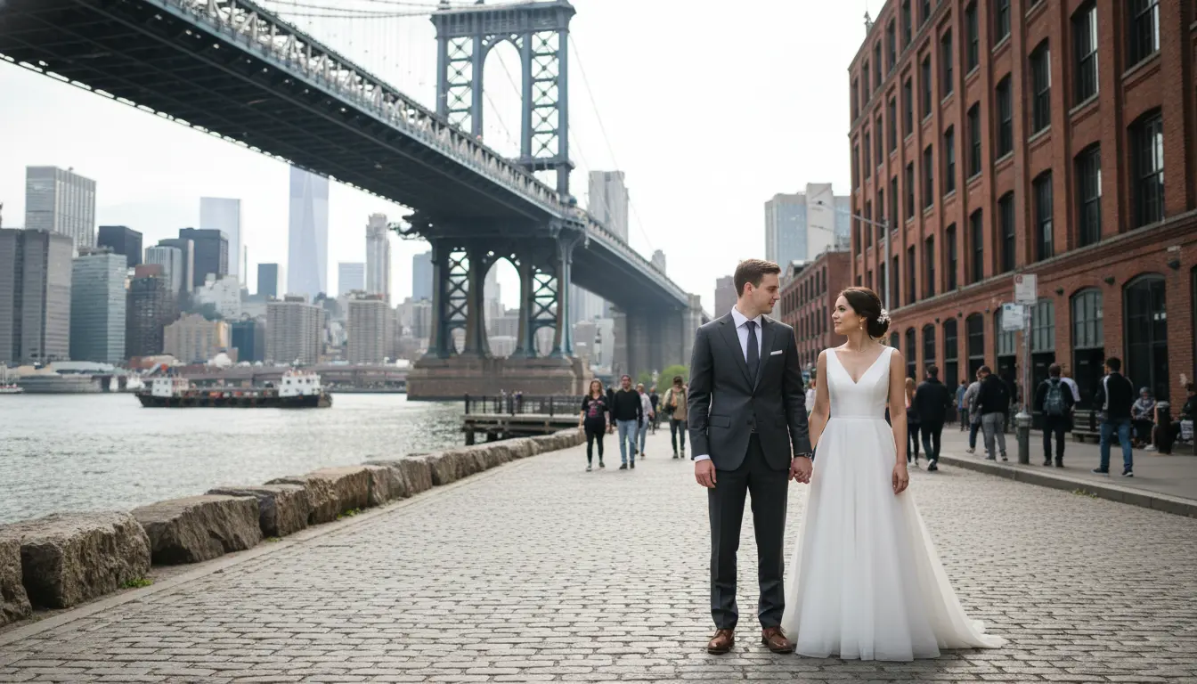 wedding photography Brooklyn couple at DUMBO waterfront near Manhattan Bridge