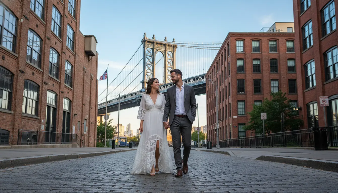Pre-wedding photoshoot in Brooklyn showing couple walking on DUMBO cobblestones with Manhattan Bridge visible