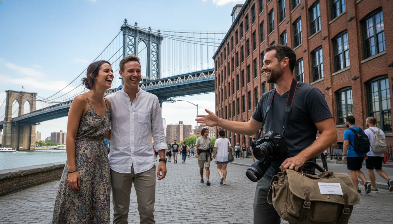 elopement videography Brooklyn: photographer with camera at DUMBO waterfront under Manhattan Bridge