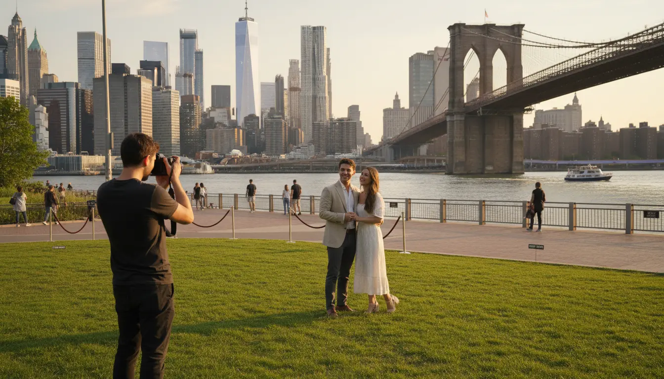 Wedding Photography, DUMBO — Washington St corridor looking north to the Manhattan Bridge arch with cobblestones and warehouse facades.