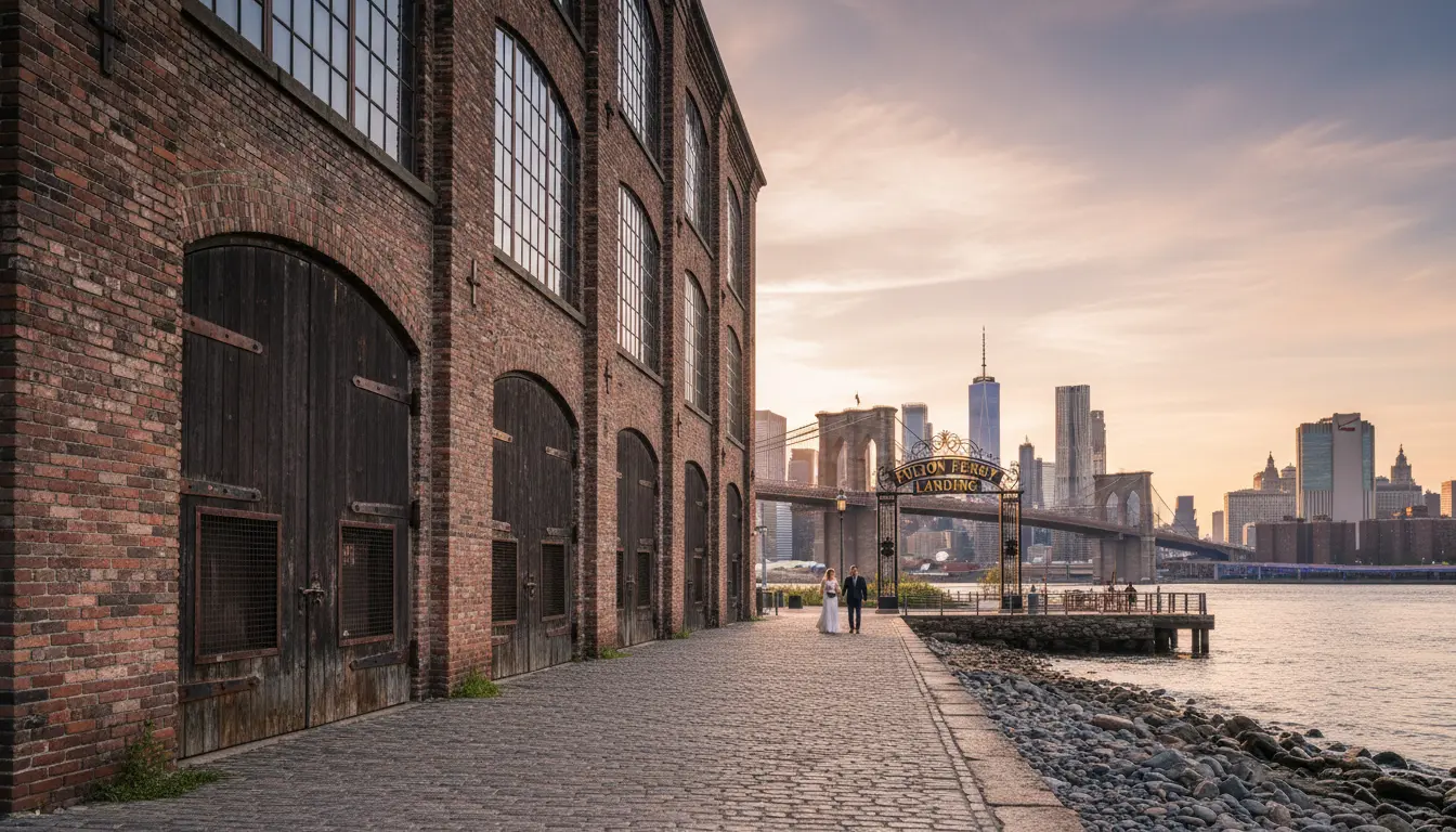Wedding Photography, DUMBO — Water St cobblestone corridor showing pedestrian crowding, an idling vehicle at the curb, and active scaffolding.