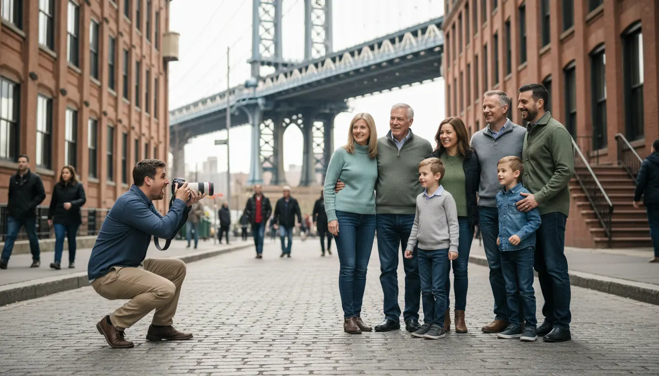 group photography Brooklyn DUMBO Manhattan Bridge posed family on cobblestone street