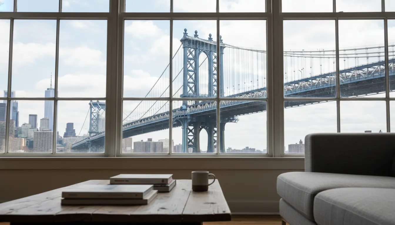Real estate videography Brooklyn — DUMBO loft interior with Manhattan Bridge visible through window
