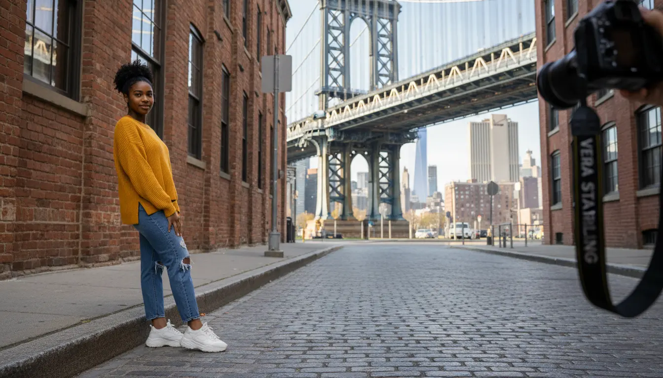 Senior portrait photography Brooklyn — senior posing in DUMBO with Manhattan Bridge visible