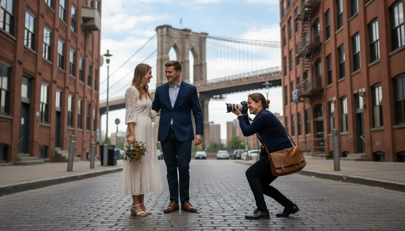 elopement photography Brooklyn DUMBO photographer photographing couple with Brooklyn Bridge