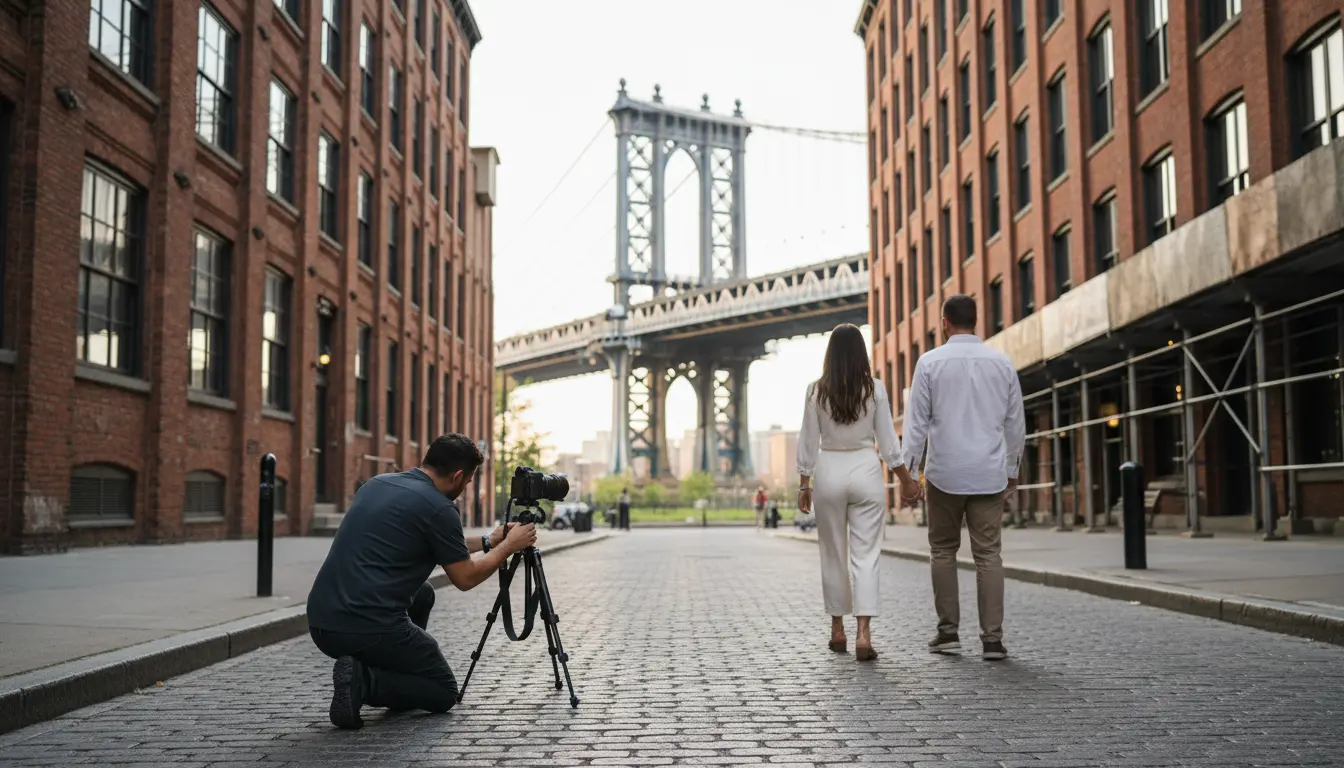 Wedding photographer in DUMBO, Brooklyn capturing a couple on Washington Street cobblestones with Manhattan Bridge arch