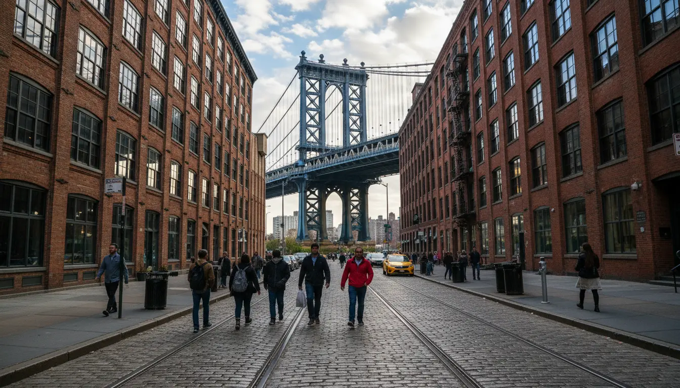Wedding Photography in DUMBO: Washington Street view toward Manhattan Bridge arch with cobblestone corridor and warehouse facades.