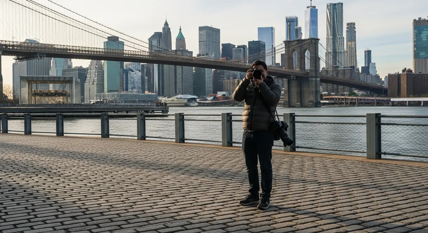 proposal photography Brooklyn DUMBO waterfront photographer holding camera near Manhattan Bridge