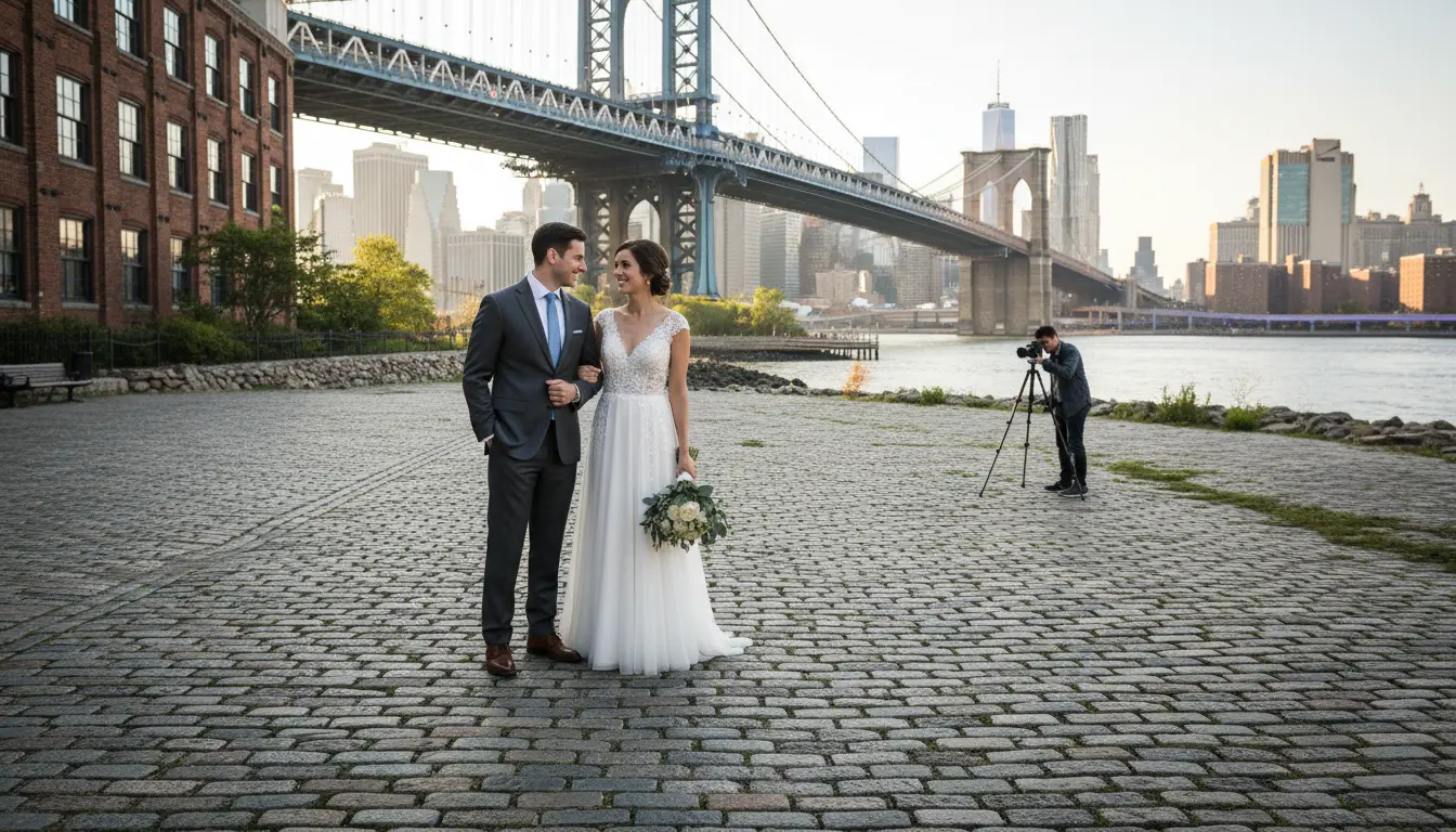 Wedding photography session in DUMBO Brooklyn with Manhattan Bridge visible and photographer photographing couple
