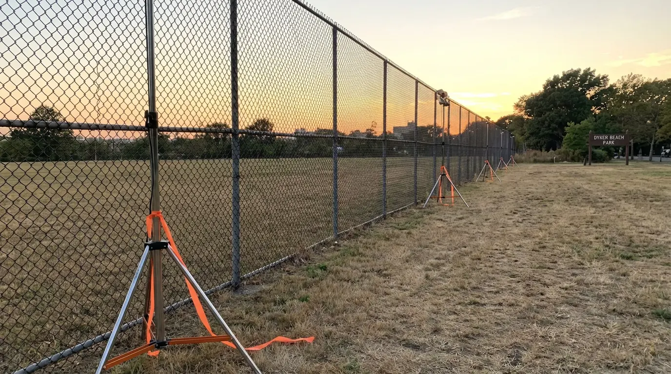 Wedding Photography in Dyker Heights — wind-exposed park edge at Dyker Beach Park showing gear anchors and fence line
