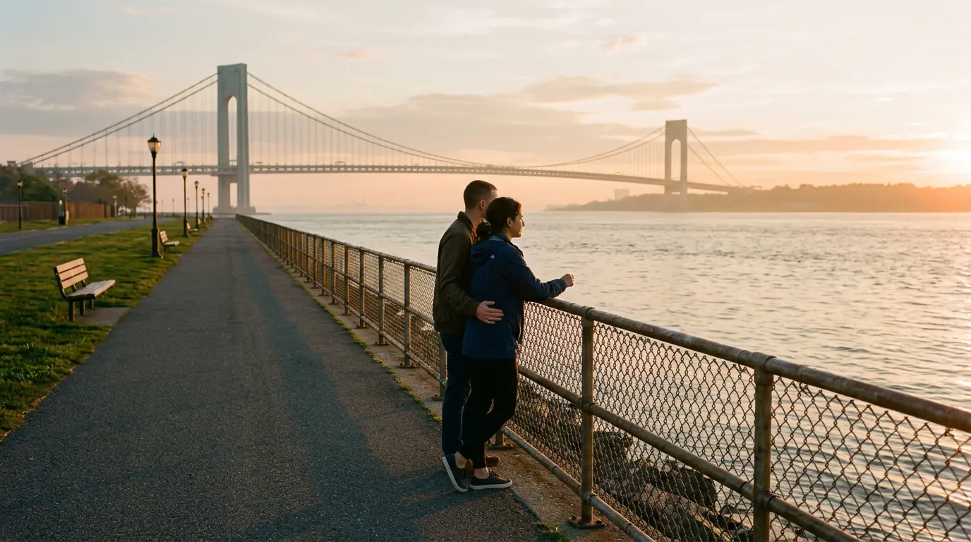 Early morning couples photography session Bay Ridge waterfront Brooklyn NY no crowds