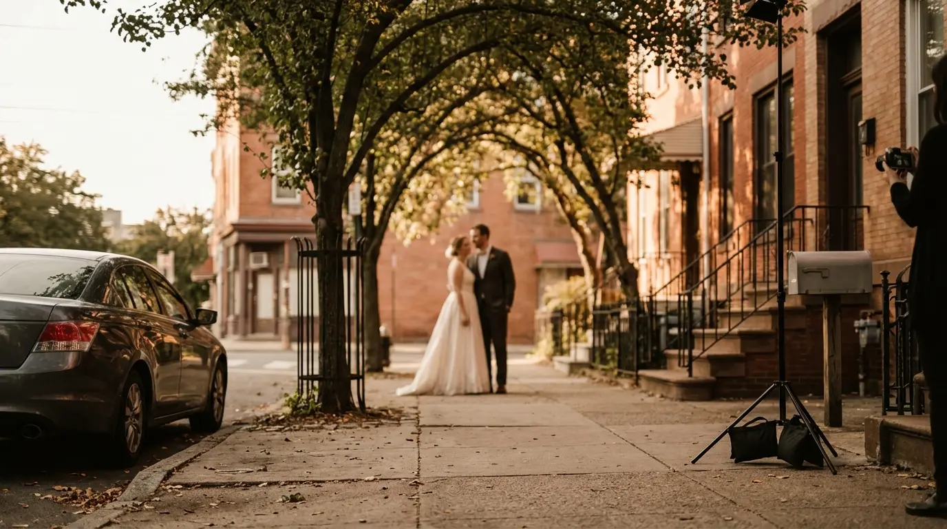 Wedding photographer — East Flatbush, Brooklyn: couple portrait on tree-lined mid-block with stoops and parked cars