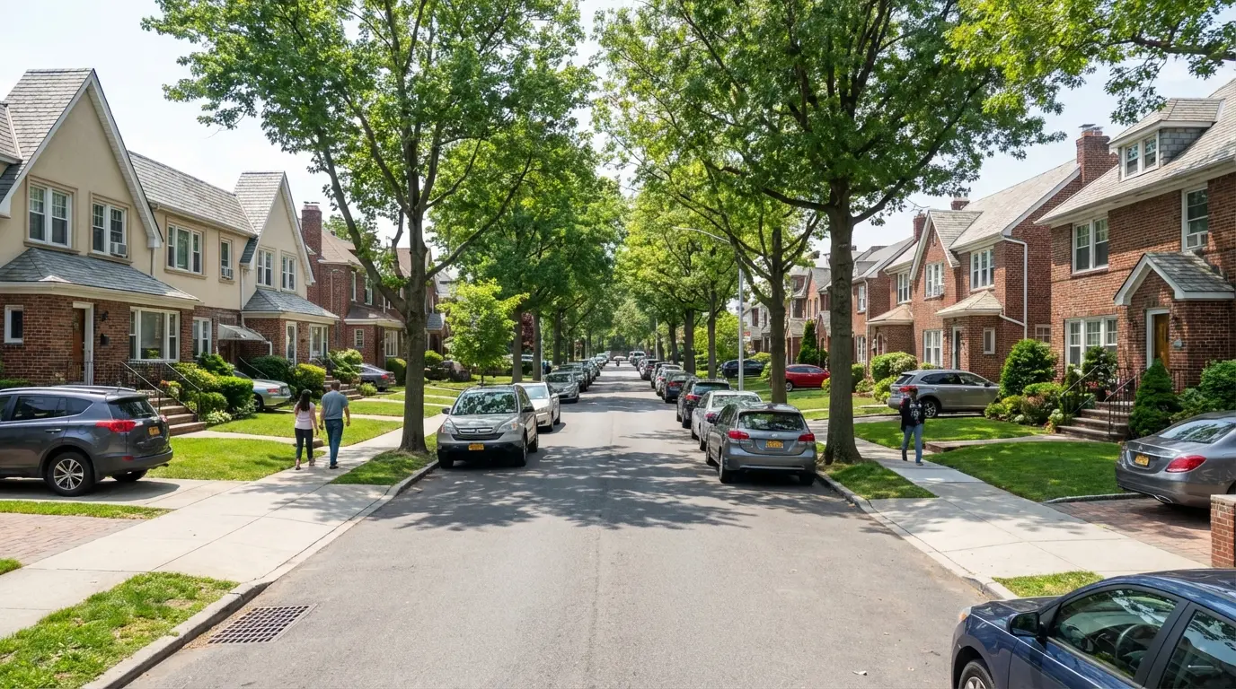 Wedding Photography Midwood — East Midwood residential street with tree-lined setbacks and parked cars