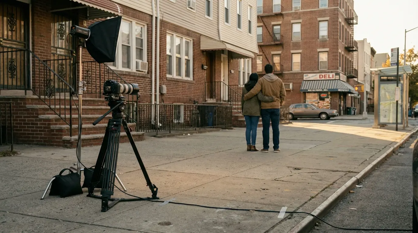 Wedding photographer East New York Brooklyn — tripod and camera with non-identifiable couple on Pitkin Avenue