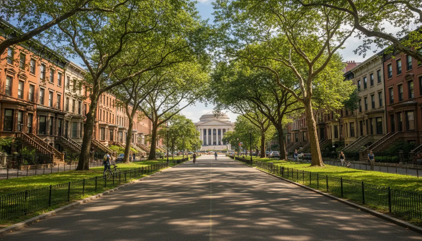 Wedding Photography Crown Heights Eastern Parkway median with brownstones and parkway mall