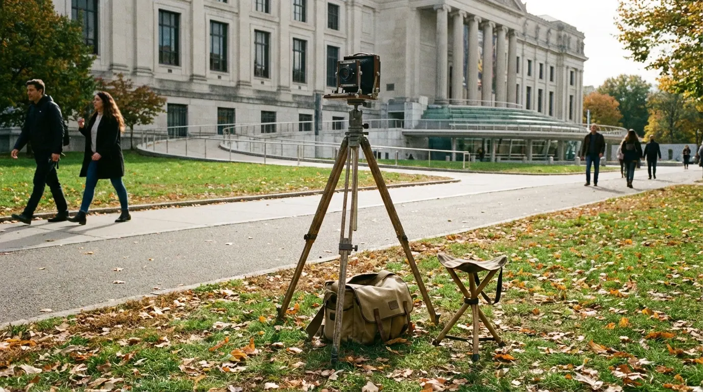 Wedding Photography in Prospect Heights: compact photographer setup on Eastern Parkway median near Brooklyn Museum