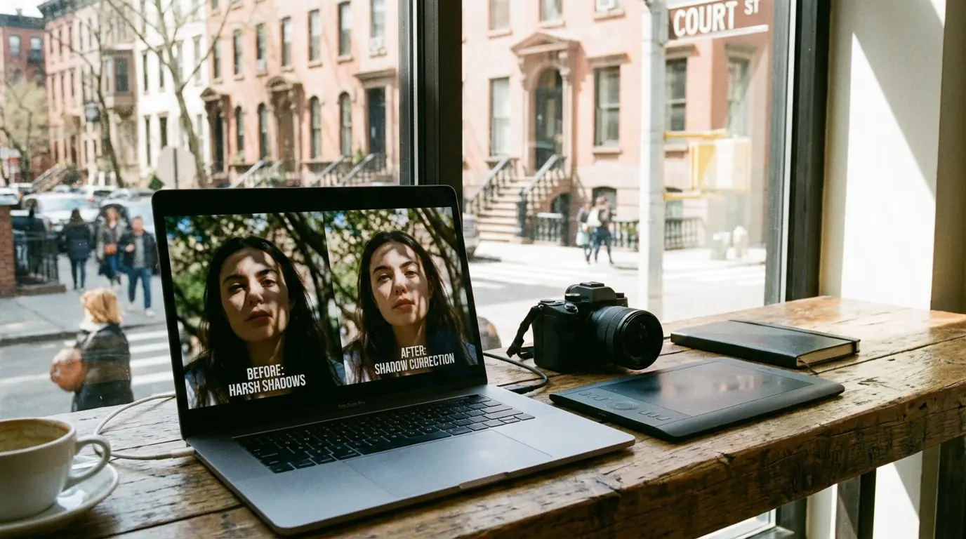 Wedding Photography Carroll Gardens: edited portrait displayed on laptop at Court St café reflecting tree-shadow corrections