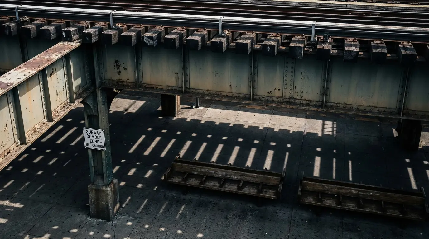 Wedding Photography Gravesend - underside of elevated F line showing tracks, shadows, and vibration zone