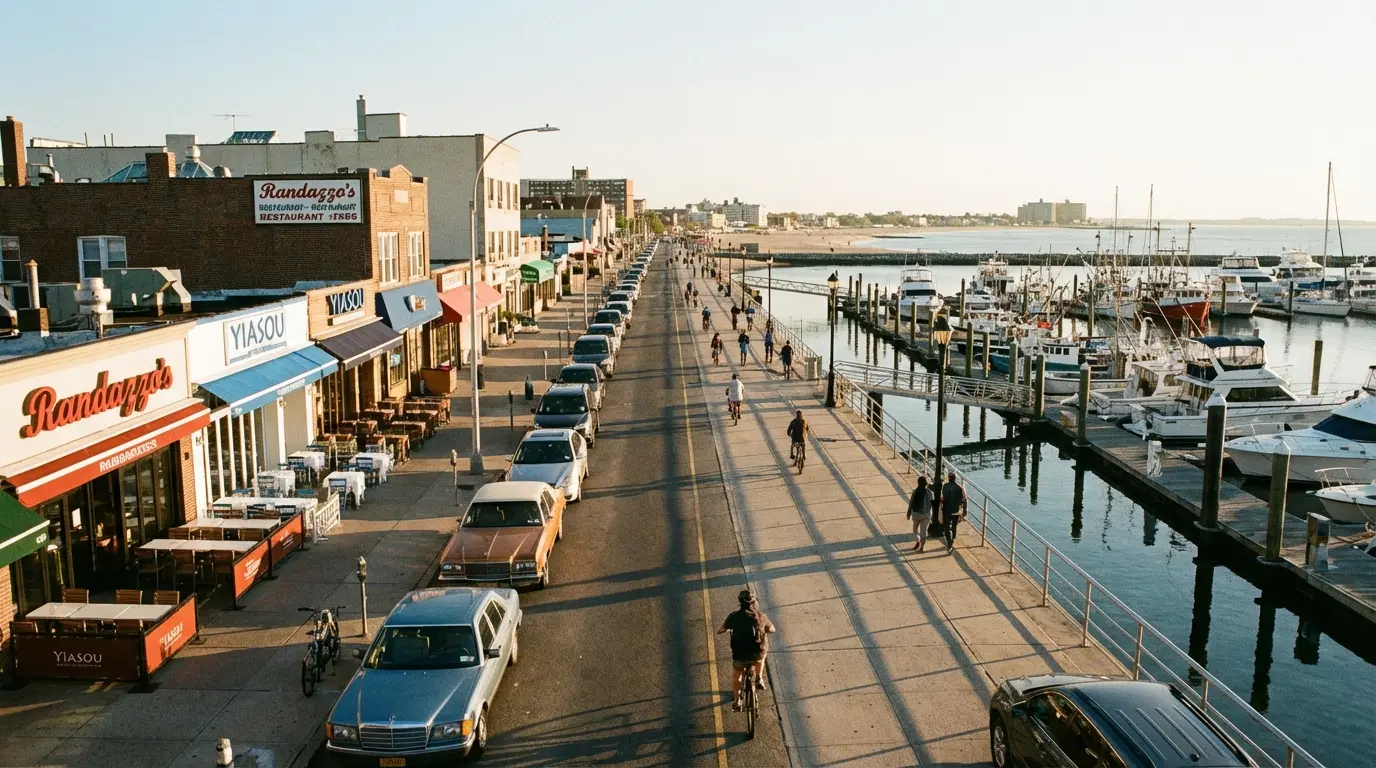 Wedding photography Sheepshead Bay Emmons Ave waterfront overview showing promenade, restaurants, and marina piers