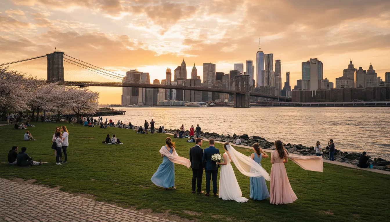 Wedding Photography in DUMBO: permit notice and temporary fenced area at Main Street Park entrance indicating permit requirements and access limits.