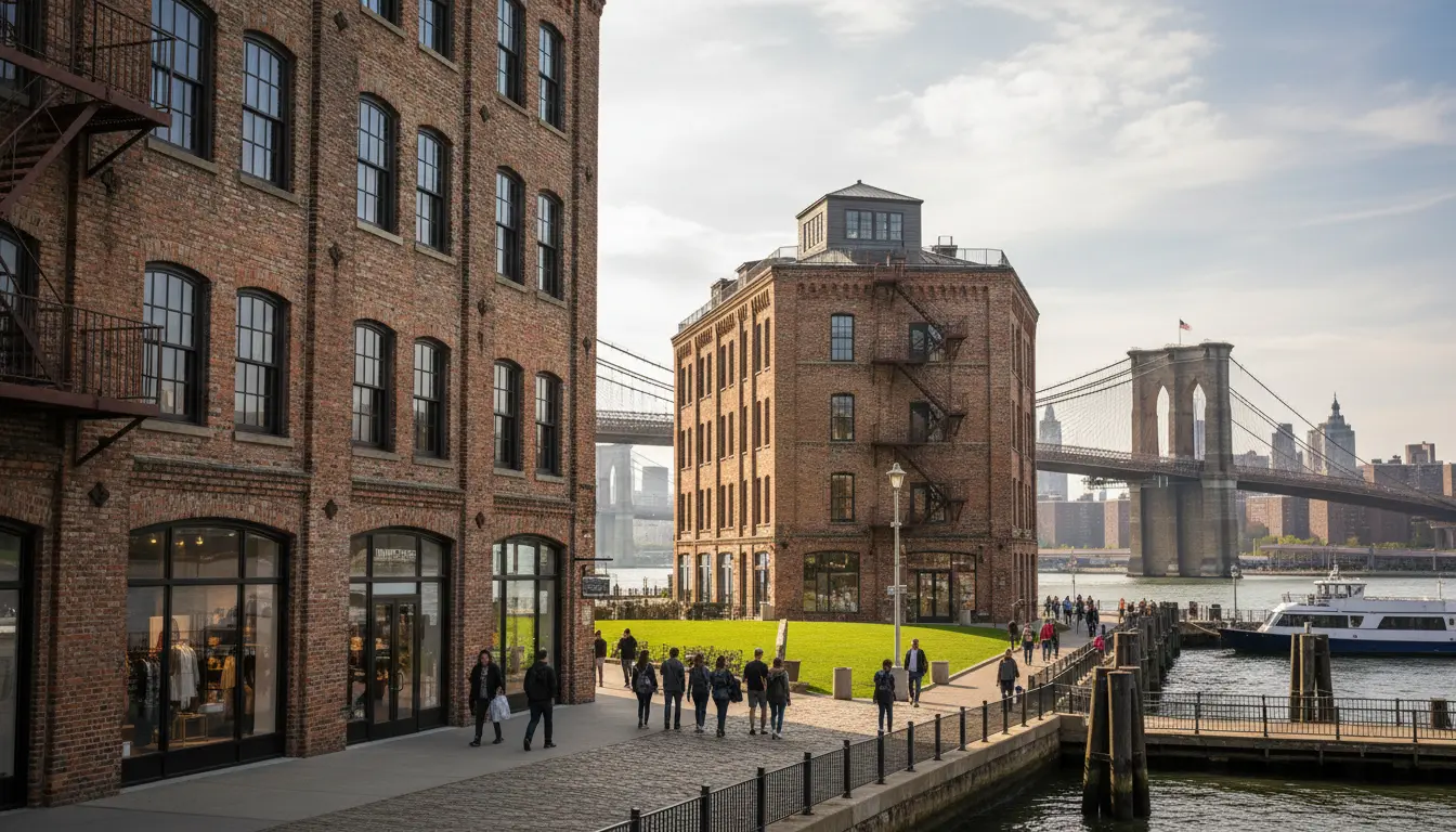 Wedding Photography in DUMBO: natural-light cobblestone portrait showing river reflection highlights and passing pedestrian.