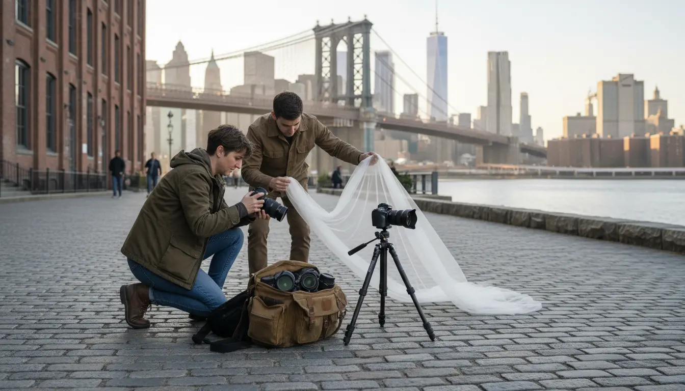 Wedding Photography in DUMBO: Empire Stores exterior and Fulton Ferry Landing transition showing brick façades and waterfront connection.