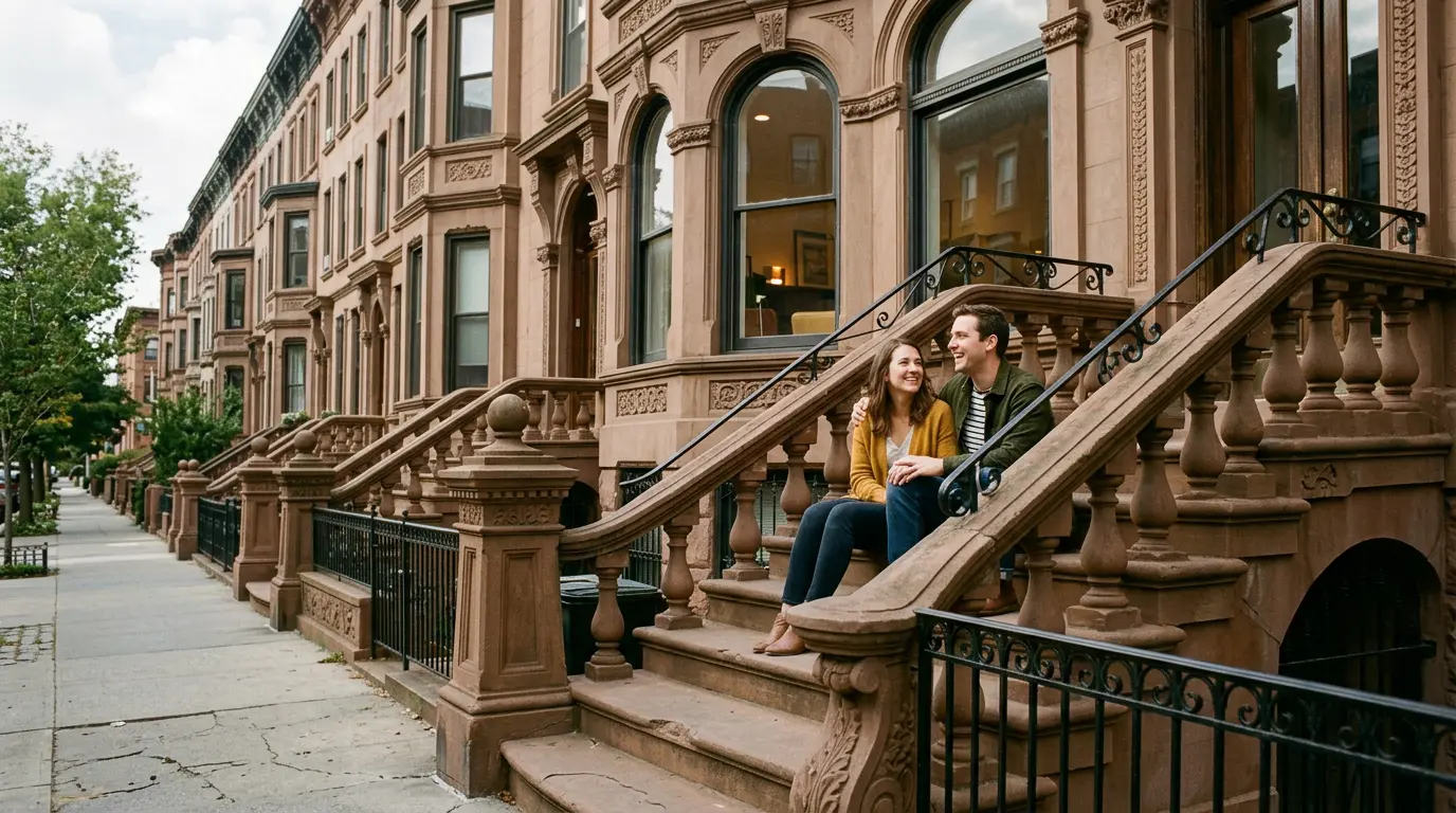 Couples engagement photography session on Bedford-Stuyvesant brownstone stoop Brooklyn NY