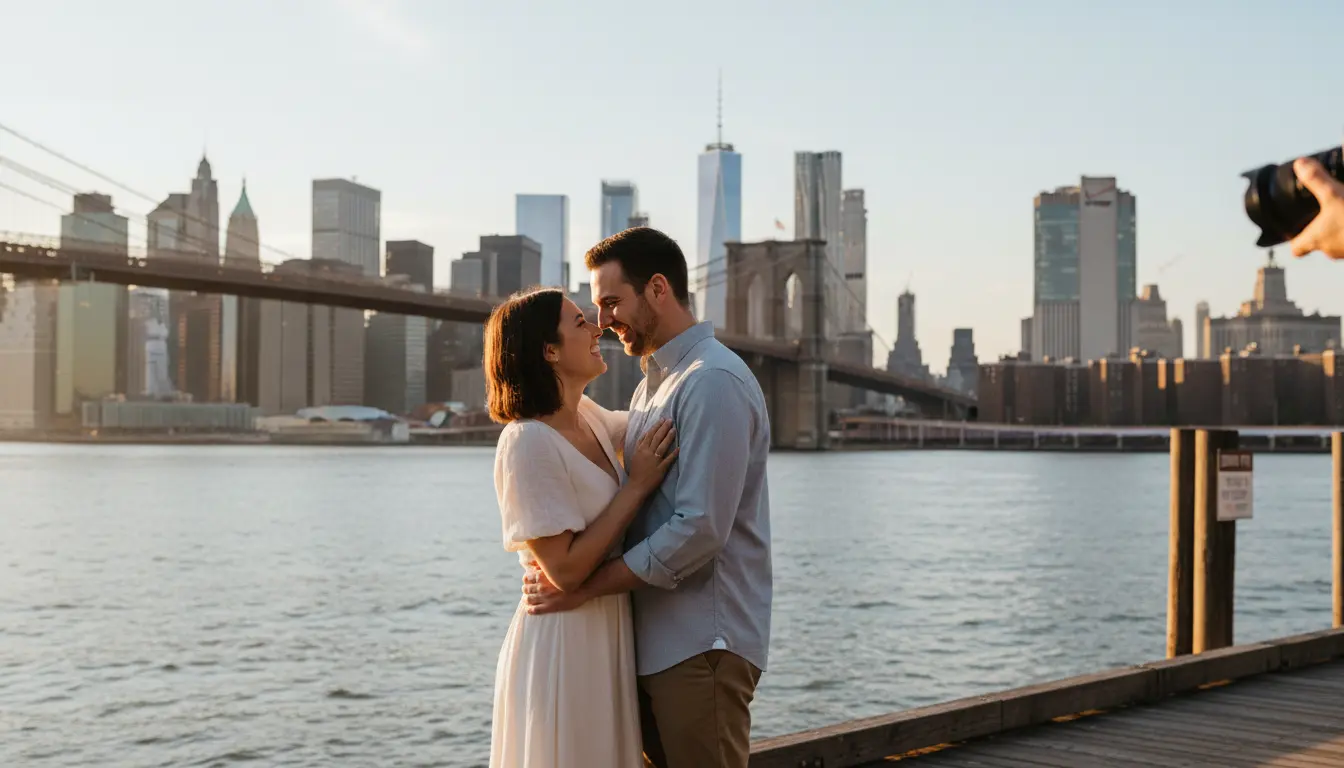 Engagement photography Brooklyn DUMBO couple on pier with Brooklyn Bridge