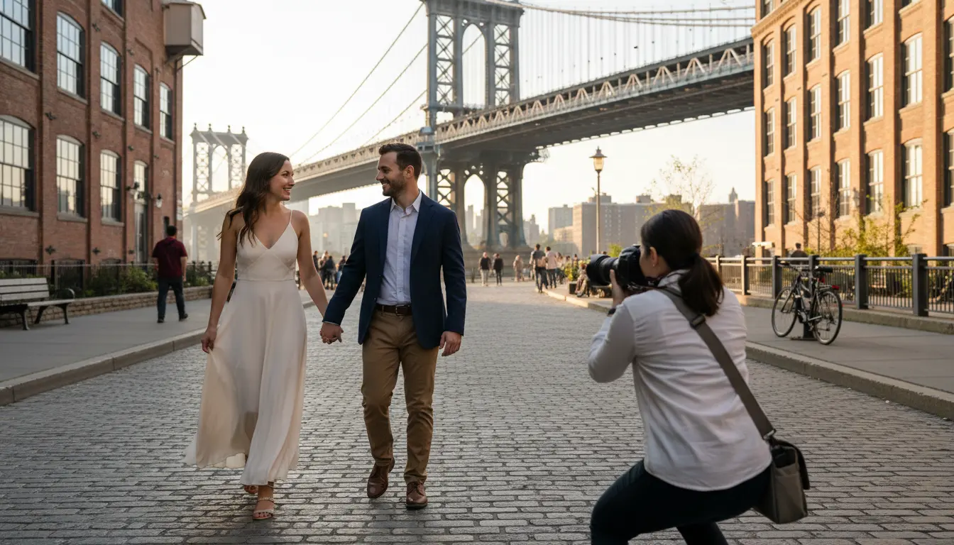 photography session Brooklyn DUMBO couple posing near Manhattan Bridge