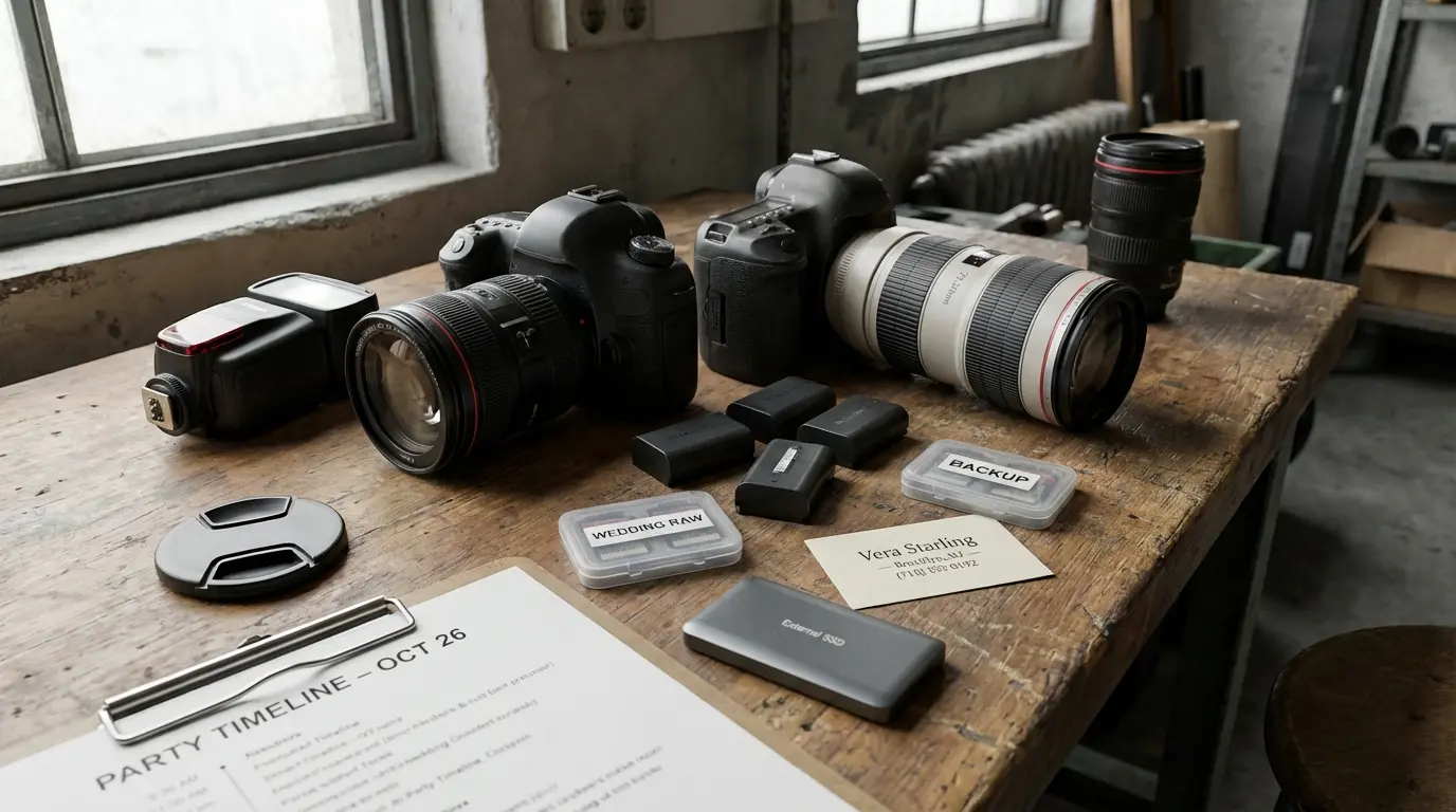 party photography Brooklyn equipment kit with cameras, lenses, and Vera Starling business card