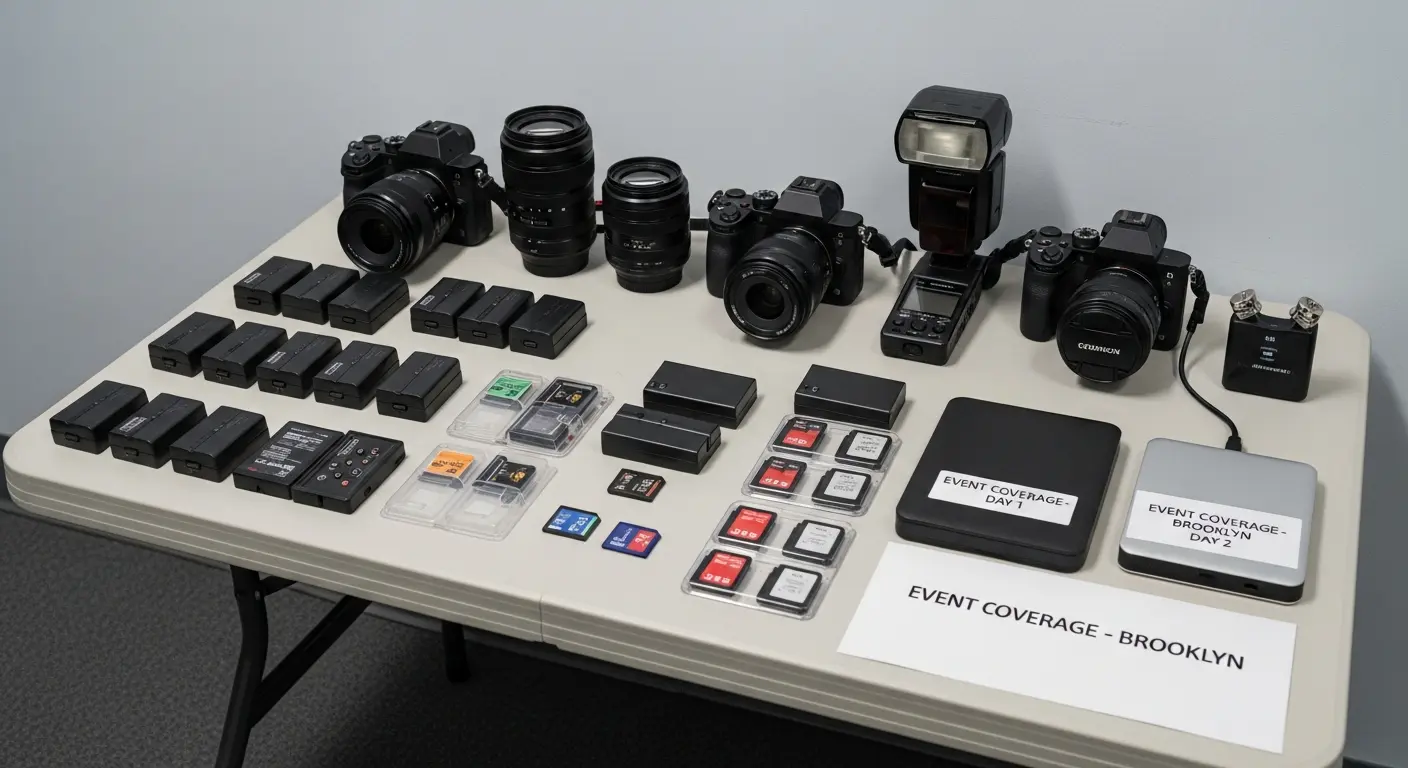 Event photography equipment and backup storage in Brooklyn, NY on a prep table