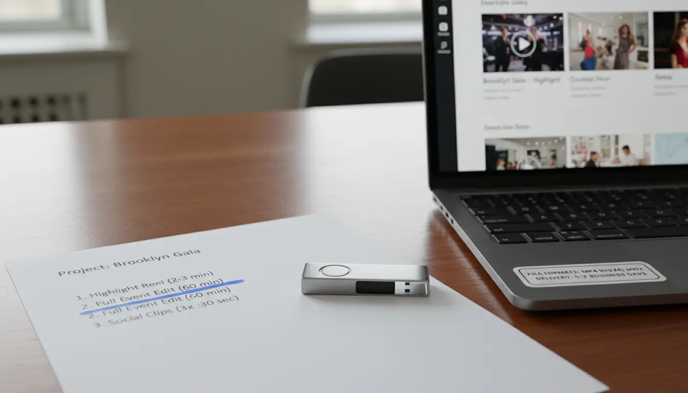 event videography in Brooklyn videographer setting tripod at venue with run-of-show on clipboard