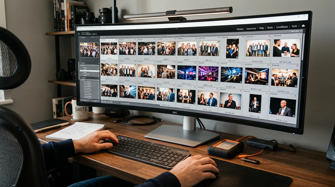 Brooklyn event photographer editing final photo gallery with external hard drive and USB delivery in studio