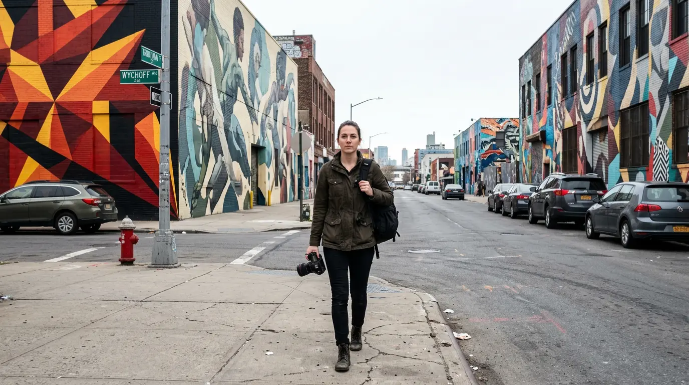 Event photographer walking through Bushwick Brooklyn mural district with camera bag and DSLR on street